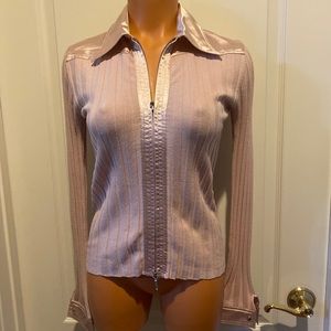 CAbi The Executive Silk Satin Frosting Pink Zip Cardigan Sweater XS Extra Small